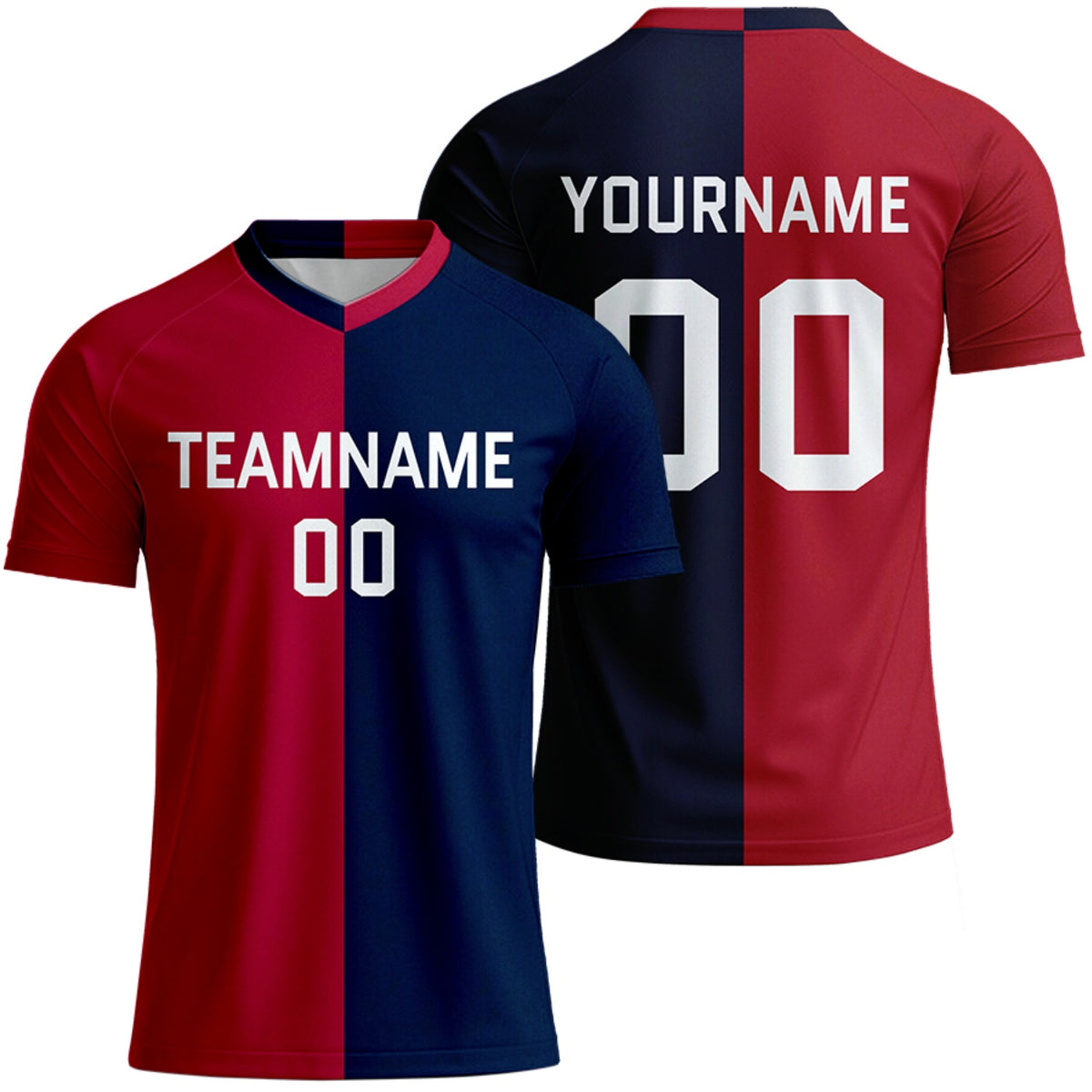 custom red navy split soccer jersey for adult teams by Vosoli, personalized team name, player name &amp; number, breathable short sleeve V-neck soccer uniform for adult team matches