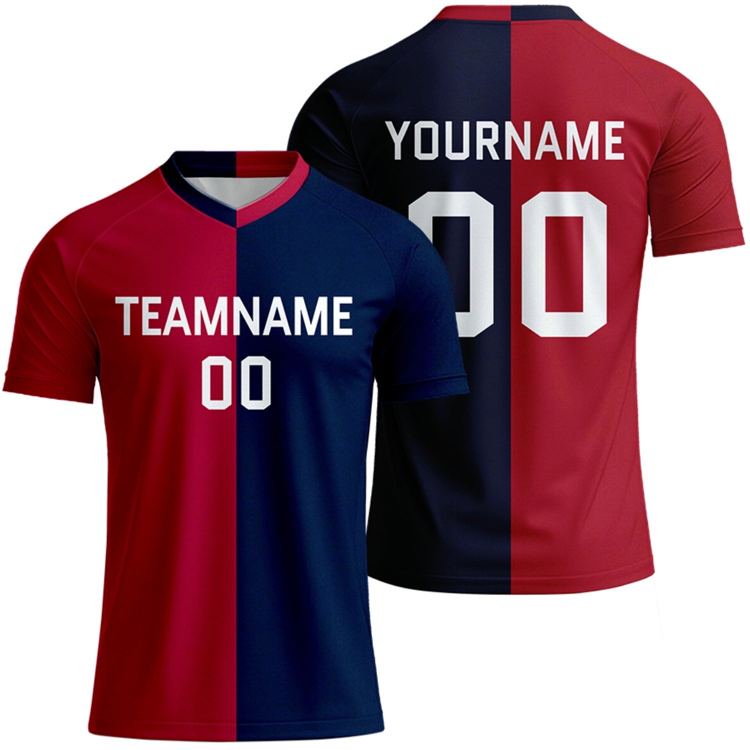 custom red navy split soccer jersey for adult teams by Vosoli, personalized team name, player name & number, breathable short sleeve V-neck soccer uniform for adult team matches