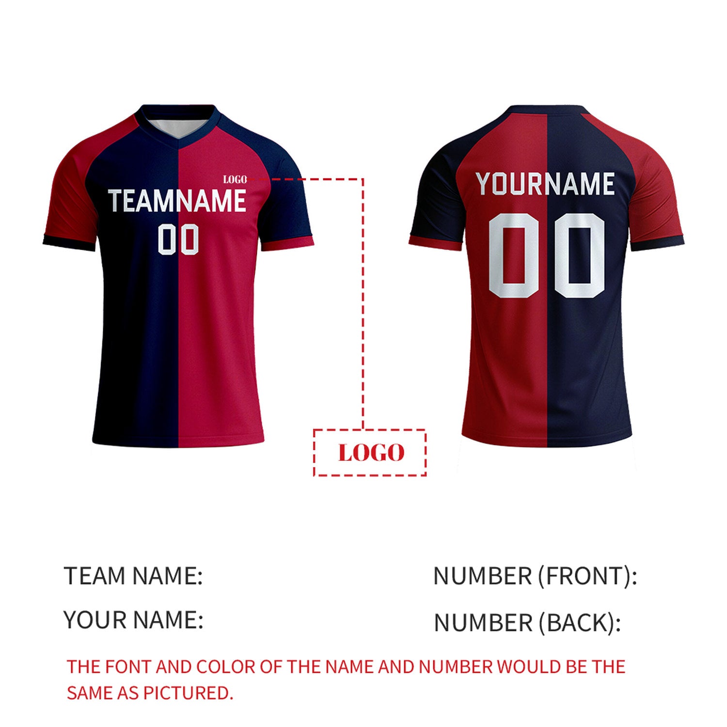 Custom Red & Navy Split Soccer Jersey | Personalized Short Sleeve V-Neck Uniform for Adult Youth