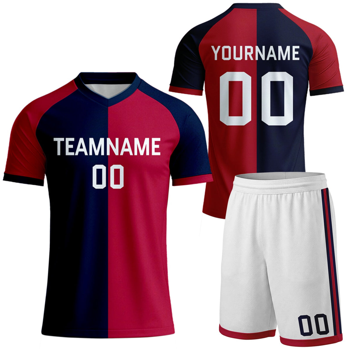 custom red navy split soccer uniforms by Vosoli, personalized team name, player name &amp; number, breathable short sleeve V-neck soccer jersey with shorts for team matches