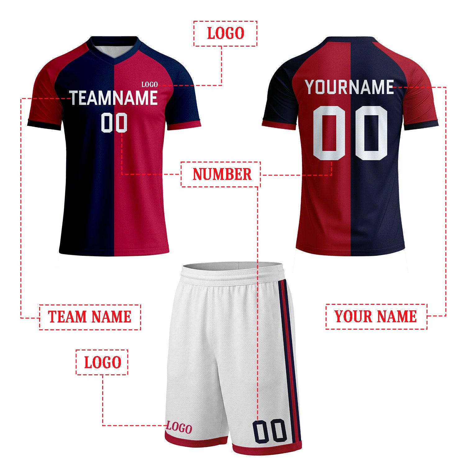 Custom Red & Navy Split Soccer Uniform Set | Personalized Jersey & Shorts for Youth & Adult