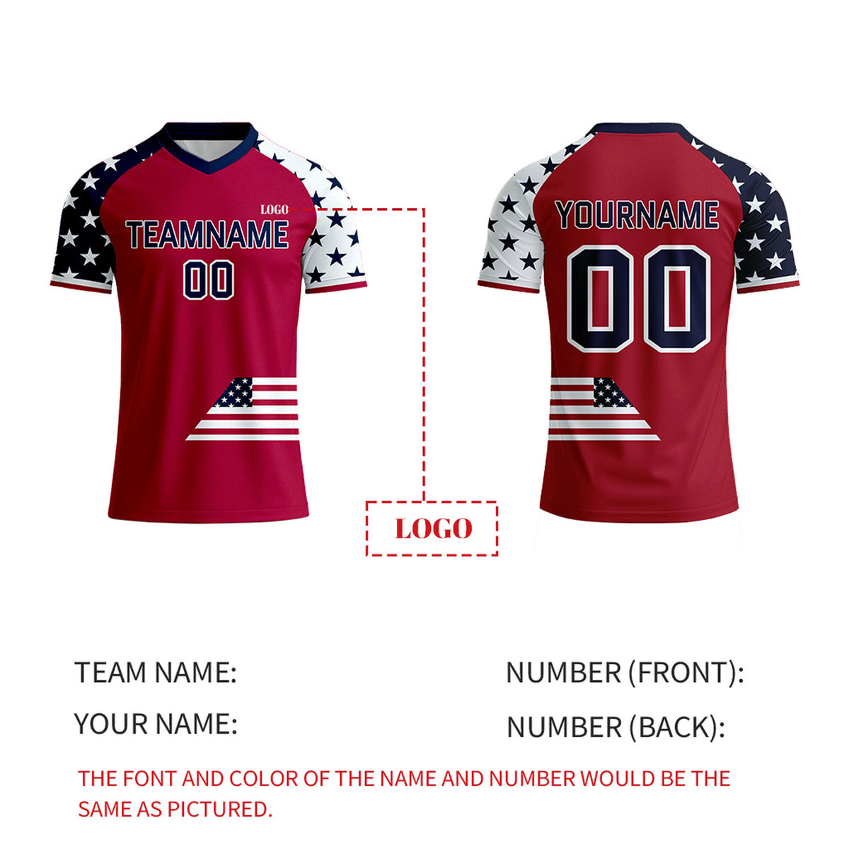 Custom Red & Navy Star Pattern Soccer Jersey | Personalized Short Sleeve V-Neck Jersey for Youth & Adult