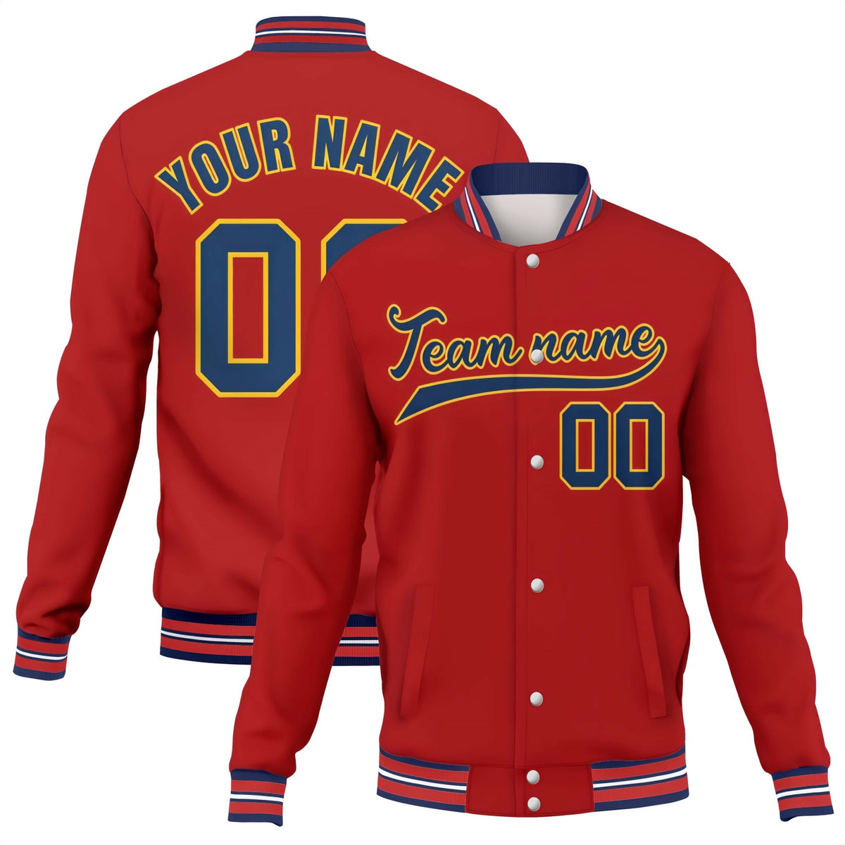 Custom red-navy stitched varsity baseball jacket by Vosoli | Personalized team name &amp; number button-front jacket for youth &amp; adults