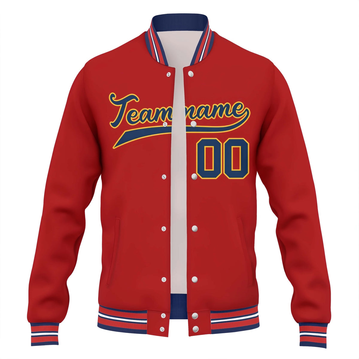 Custom Red & Navy Varsity Baseball Jacket | Personalized Team Name & Number