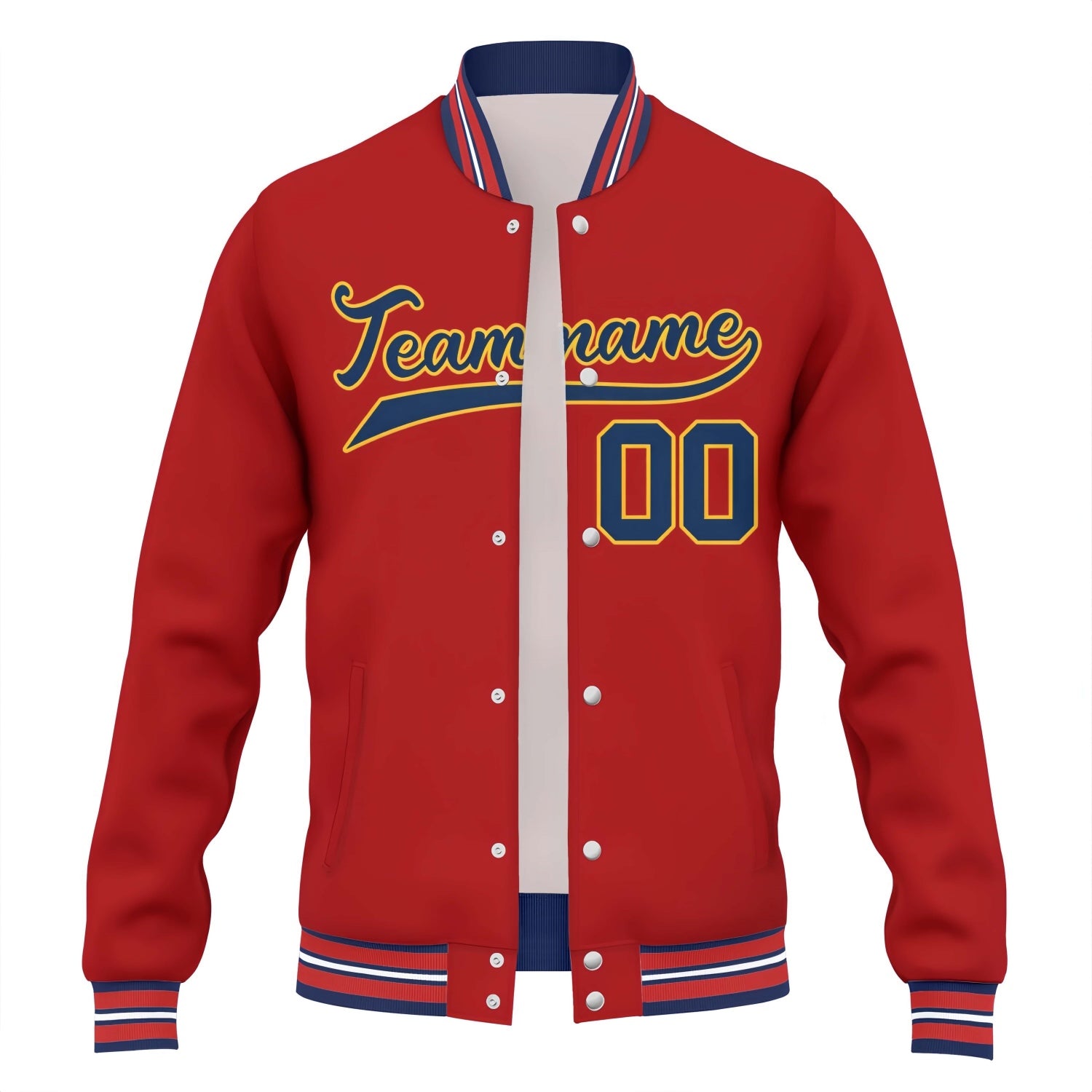 Custom Red & Navy Varsity Baseball Jacket | Personalized Team Name & Number