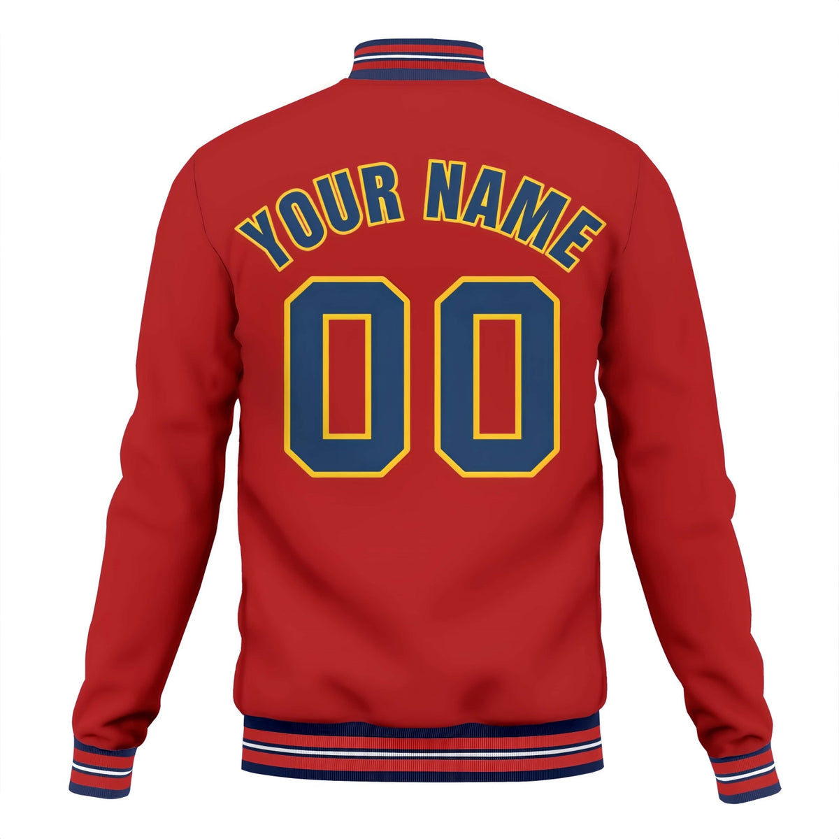 Custom Red & Navy Varsity Baseball Jacket | Personalized Team Name & Number