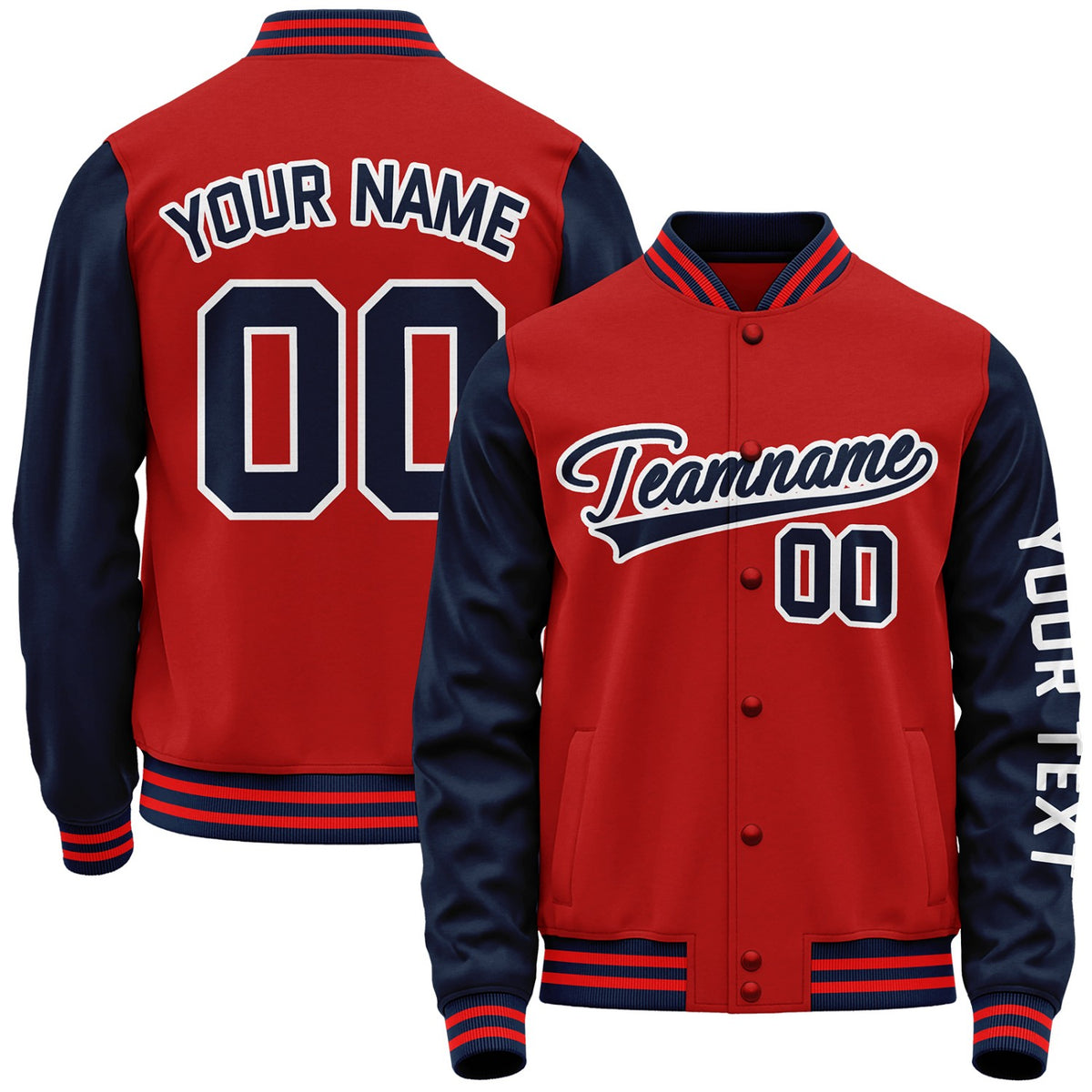 Custom red and navy team jackets for baseball by Vosoli with stitched name, number and logo. Classic varsity jacket for baseball and casual wear.
