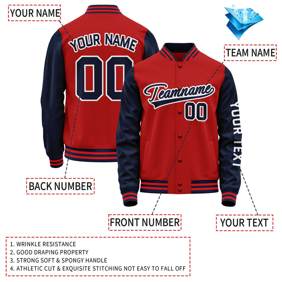 Custom Red Navy Jacket Personalized Team Name Number Letterman Bomber for Adult & Youth