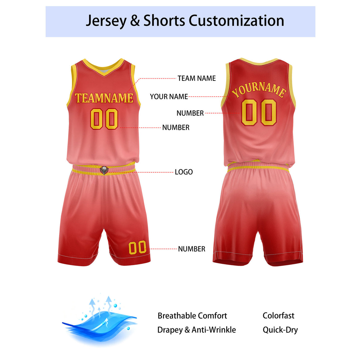Custom Red & Pink Gradient Basketball Jersey + Shorts Set - Personalized Team Name, Number | Vosoli