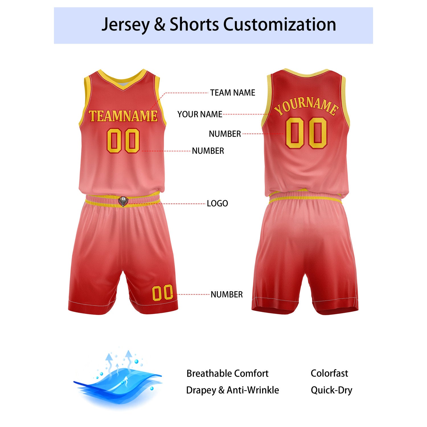 Custom Red & Pink Gradient Basketball Jersey + Shorts Set - Personalized Team Name, Number | Vosoli