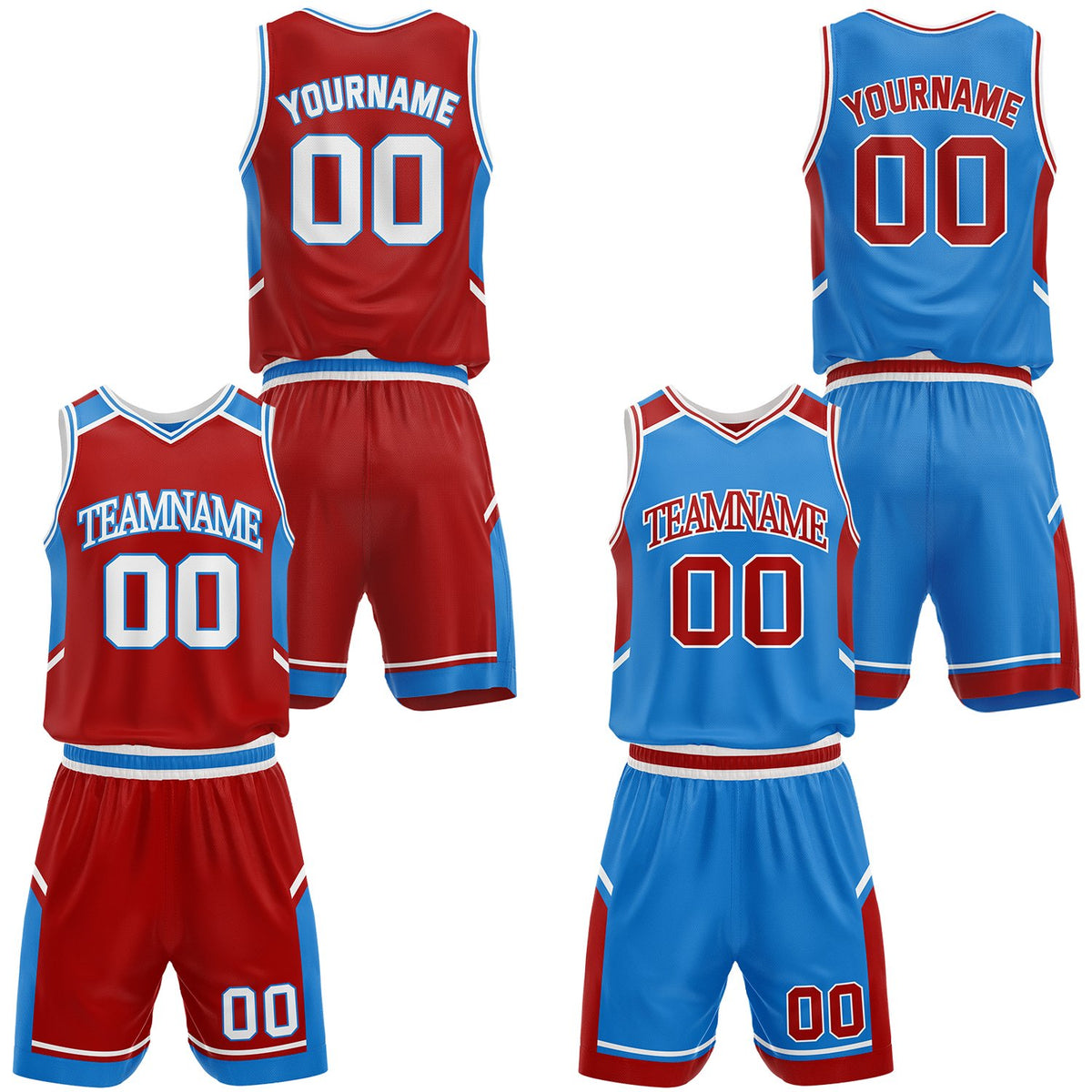 Custom red and sky blue middle school basketball uniform set, personalized name, number and logo, breathable mesh for youth &amp; adult.