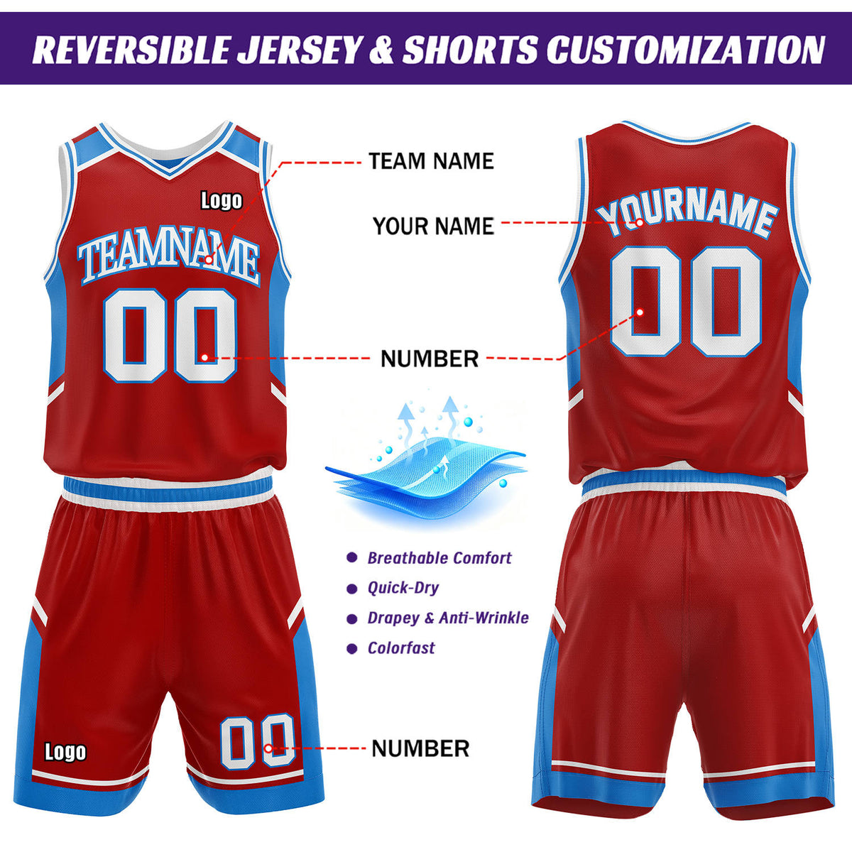Custom Reversible Basketball Uniform Set | Red & Sky Blue V-Neck Sleeveless Jersey & Athletic Shorts