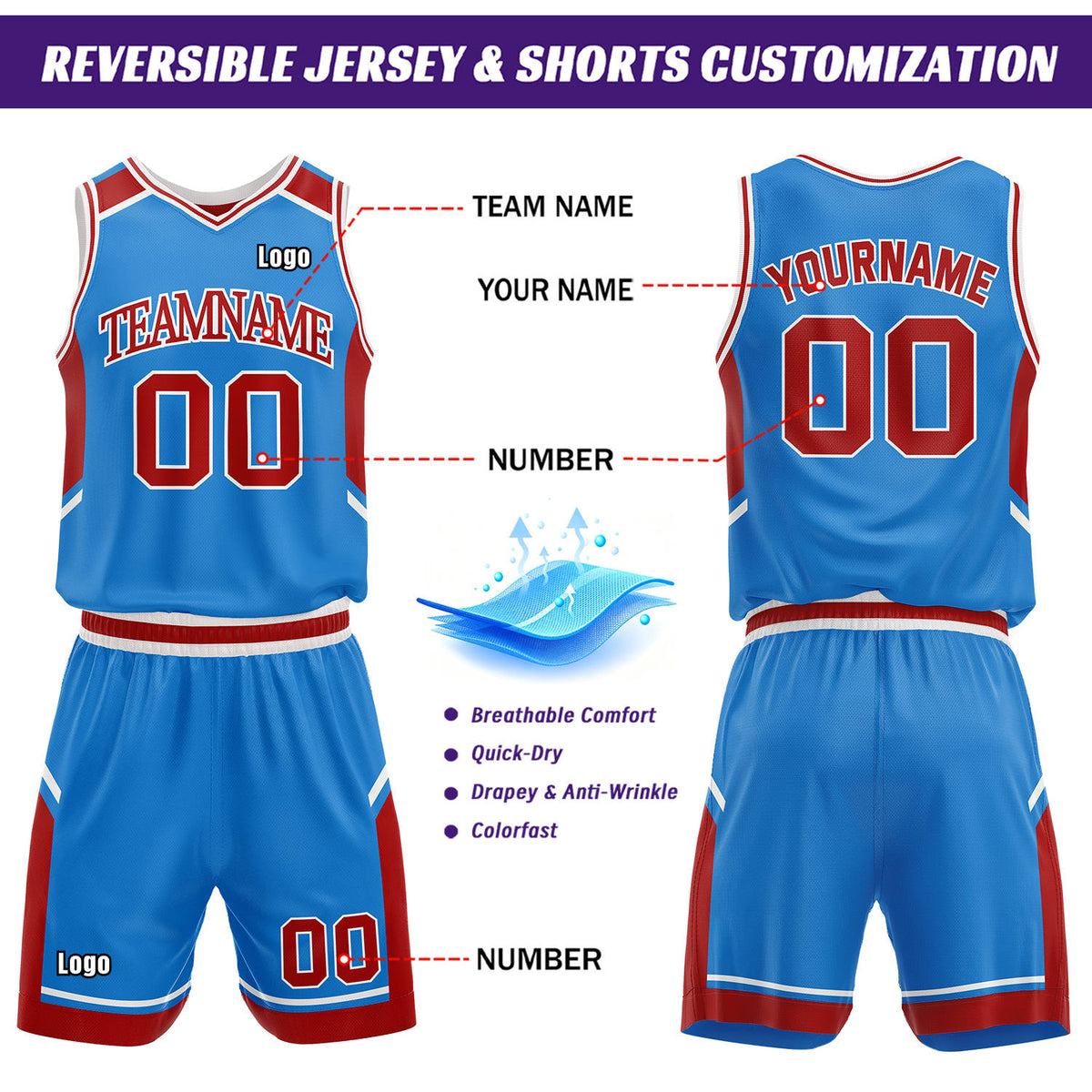 Custom Reversible Basketball Uniform Set | Red & Sky Blue V-Neck Sleeveless Jersey & Athletic Shorts