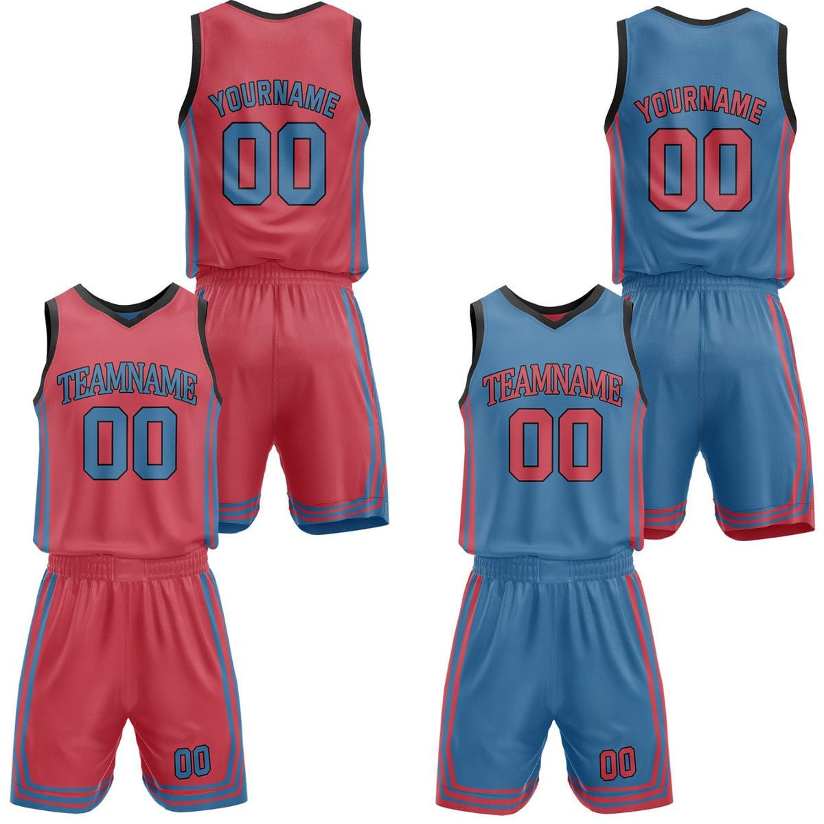 Custom red &amp; slate blue reversible basketball jersey shorts set by Vosoli | Personalized team name number casual vintage uniform sportswear