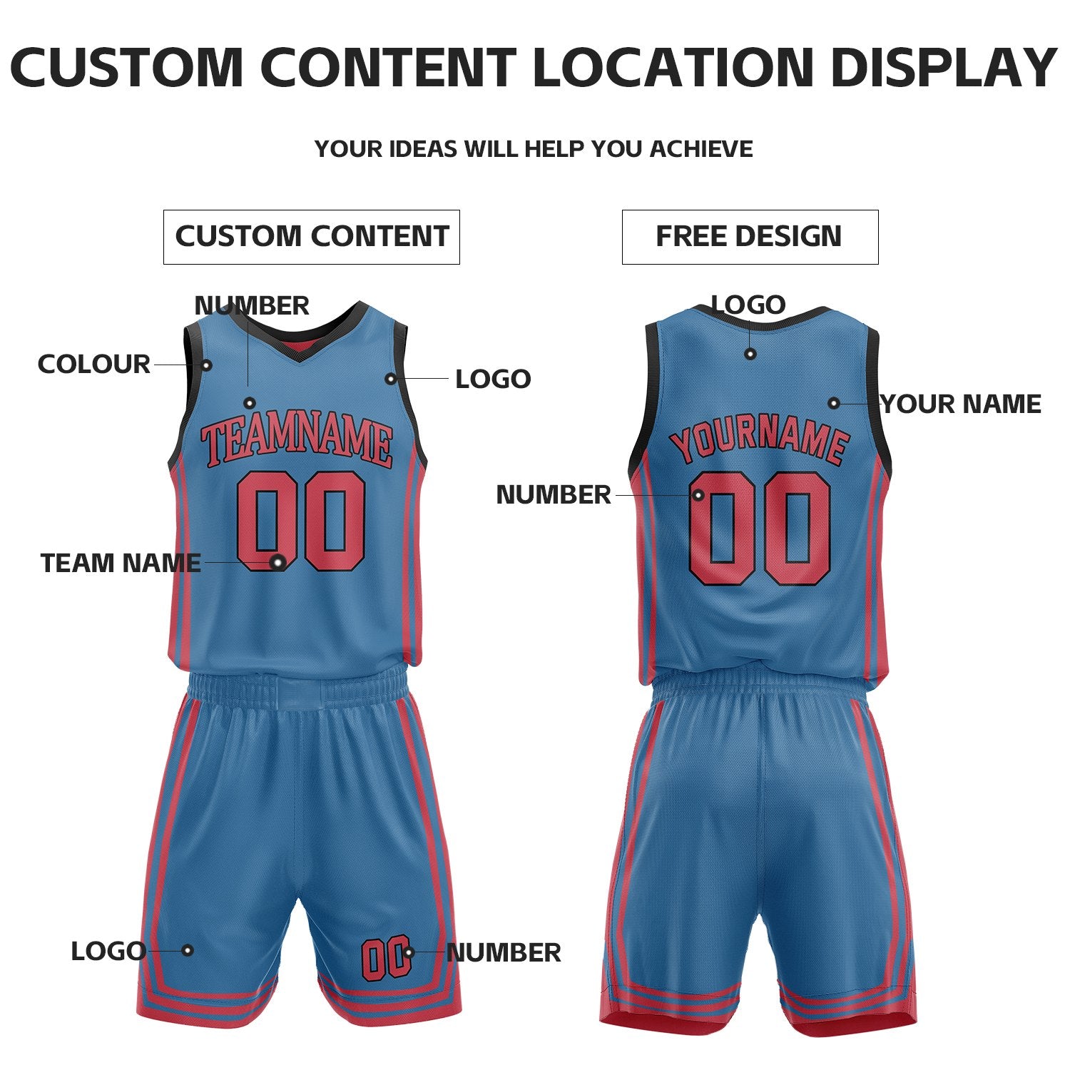 Custom Red & Slate Blue Reversible Basketball Jersey Shorts Set | Personalized Full Vintage Team Uniform