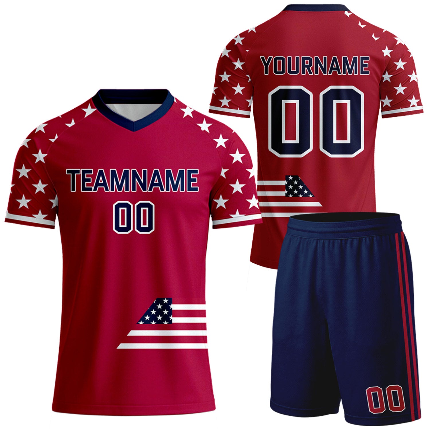 custom red star sleeve flag team soccer uniforms by Vosoli, personalized team name, player name & number, breathable short sleeve V-neck soccer jersey with shorts for team soccer games