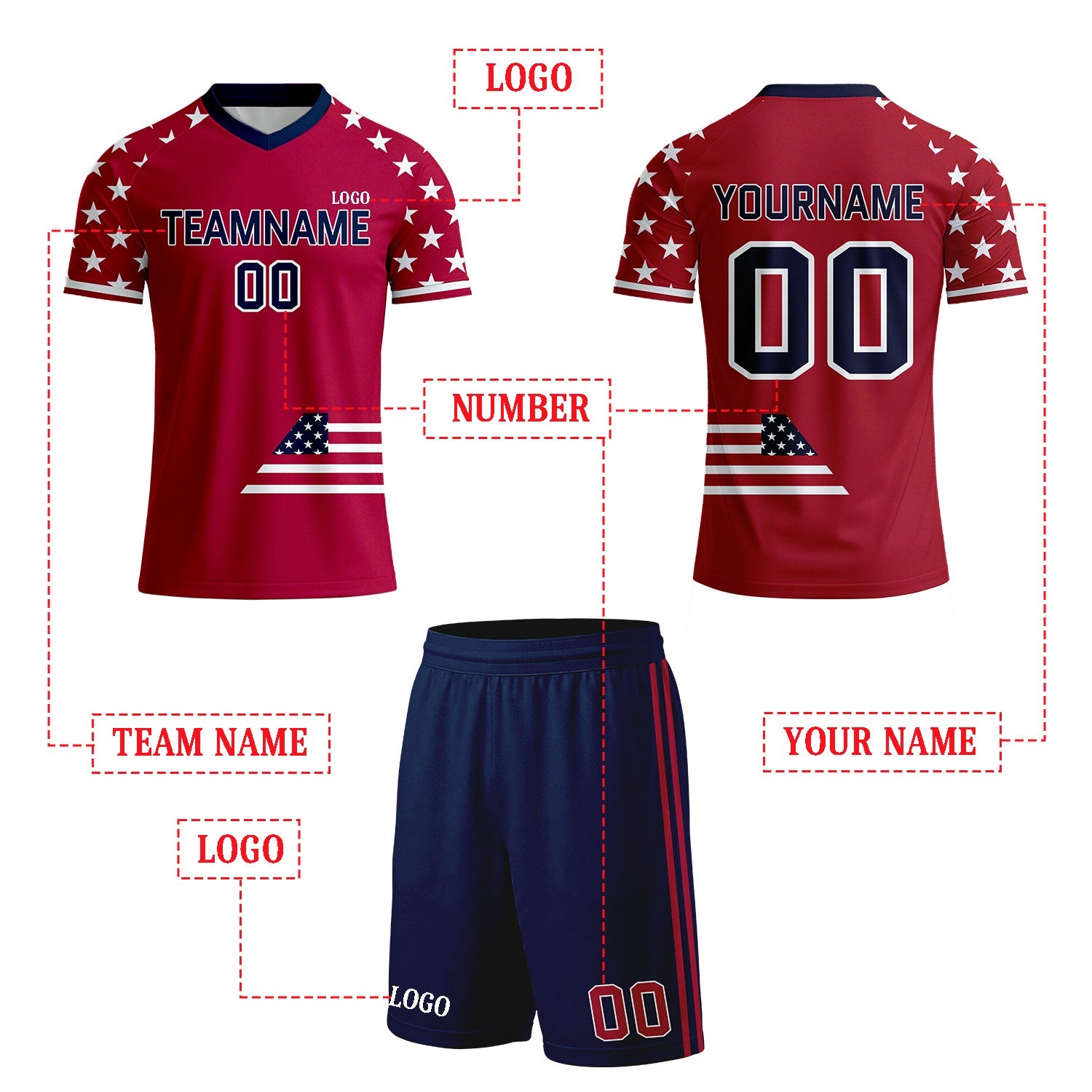Custom Red & Star Sleeve Flag Soccer Uniform Set | Personalized Jersey & Shorts for Youth & Adult Soccer Teams