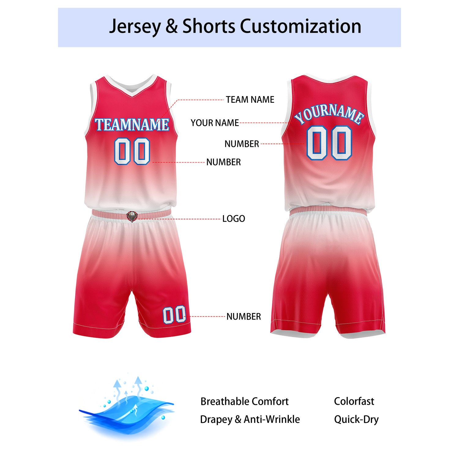 Custom Red & White Gradient Basketball Jersey + Shorts Set - Personalized Team Name, Number & LOGO | Vosoli