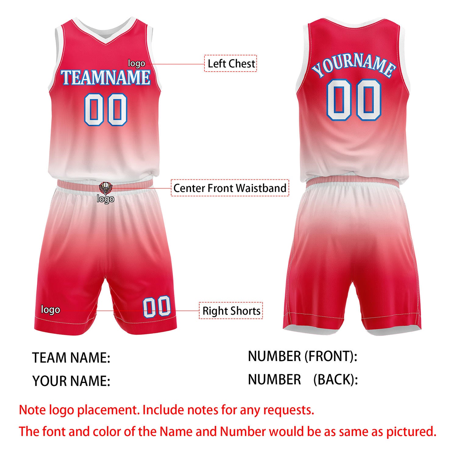 Custom Red & White Gradient Basketball Jersey + Shorts Set - Personalized Team Name, Number & LOGO | Vosoli