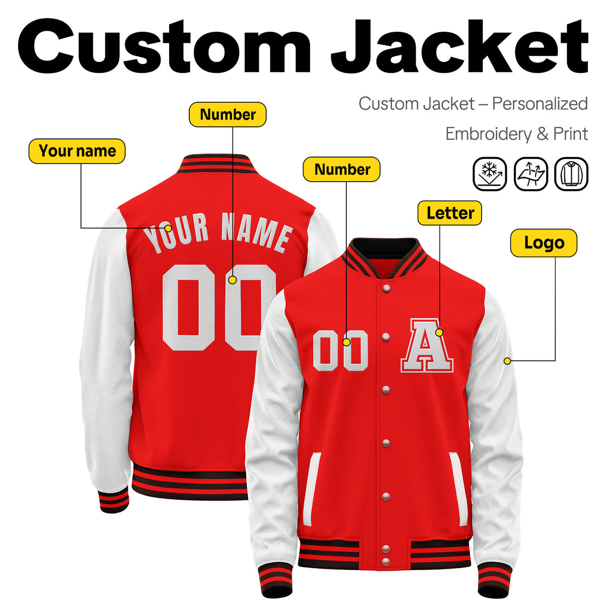 Custom Varsity Jacket with Stitched Name & Number | Red & White Personalized Team Letterman Bomber
