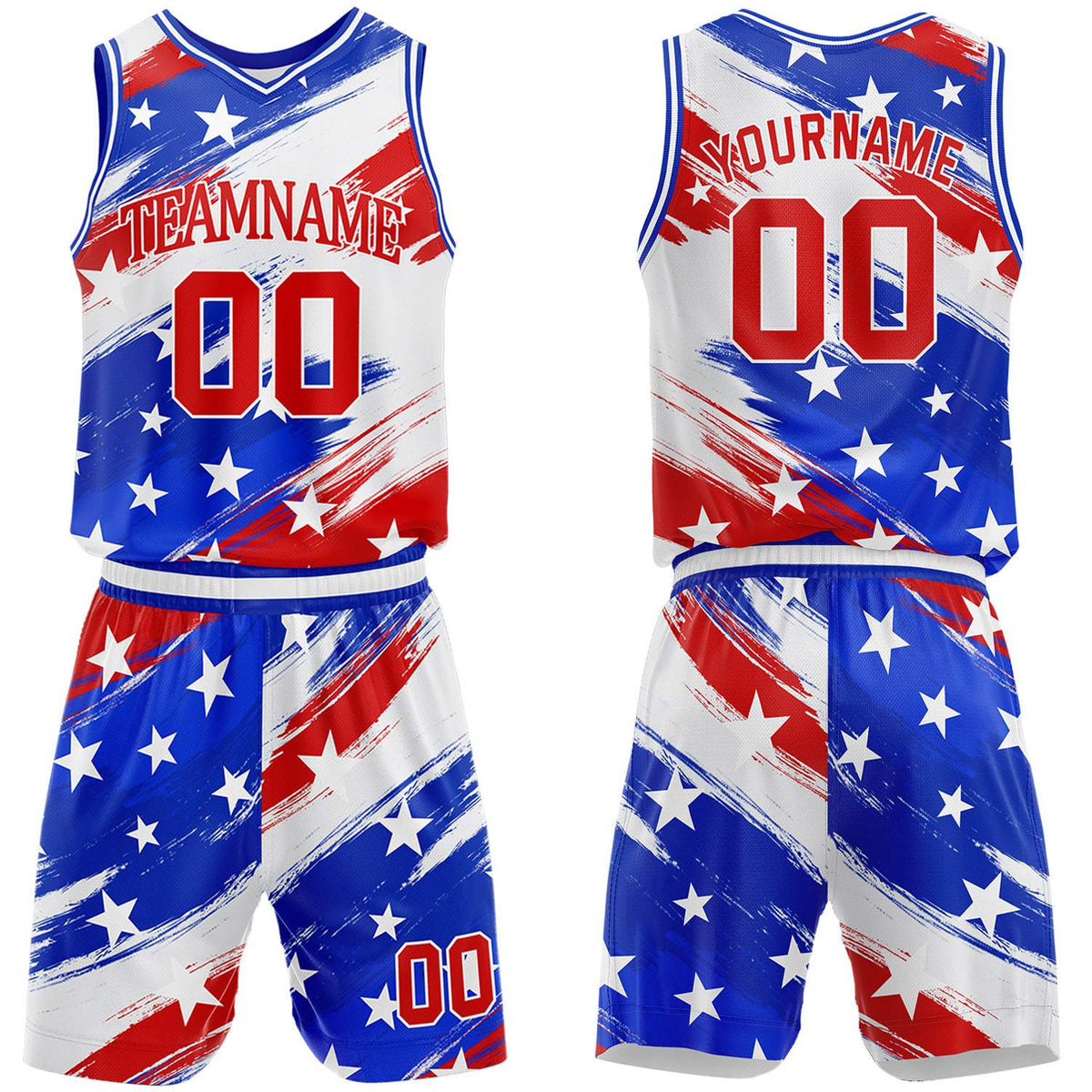 Custom red-white-blue brushstroke star basketball jersey &amp; shorts set by Vosoli | Personalized team name &amp; number sportswear