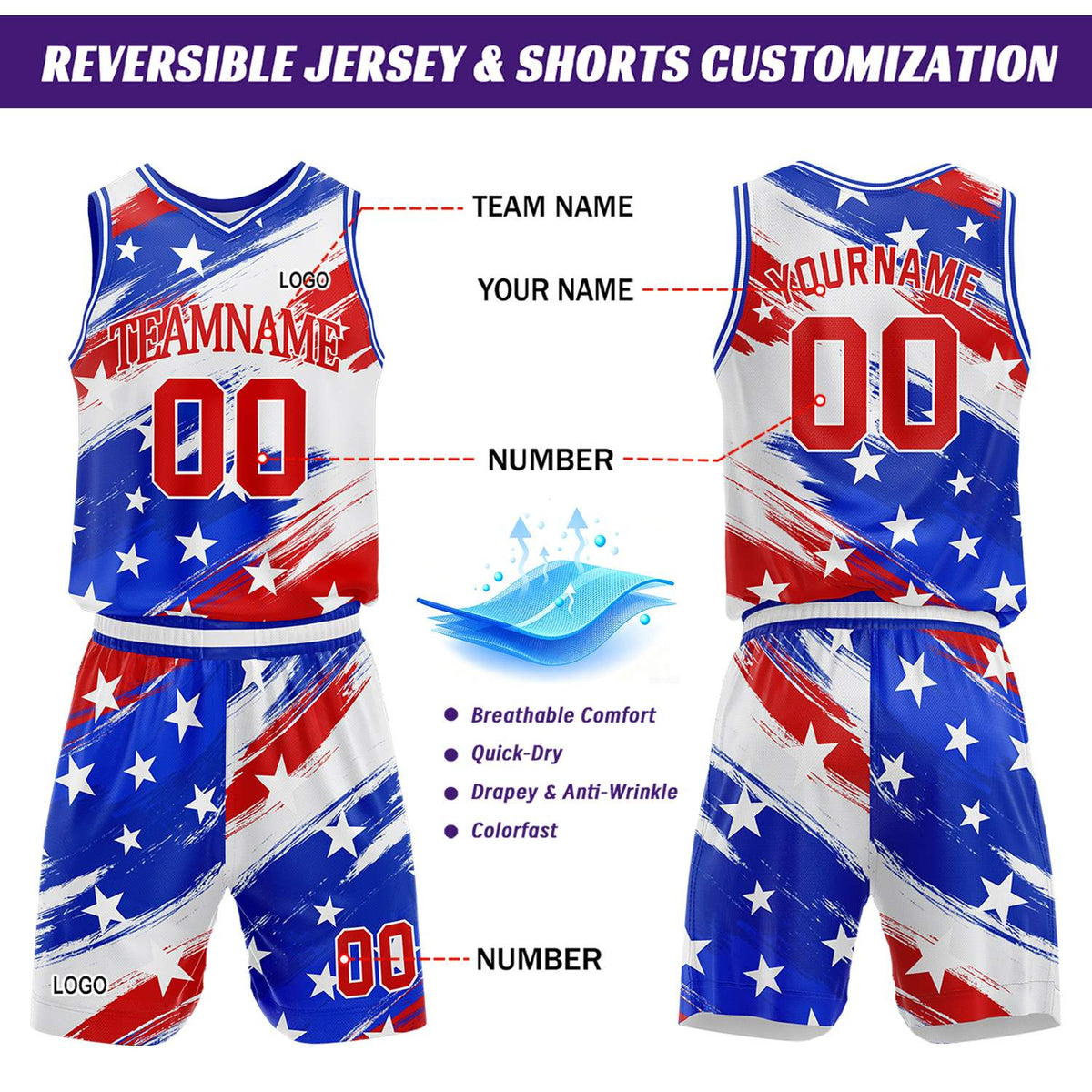Custom Red-White-Blue Star Basketball Jersey & Shorts Set | Personalized Team Uniform