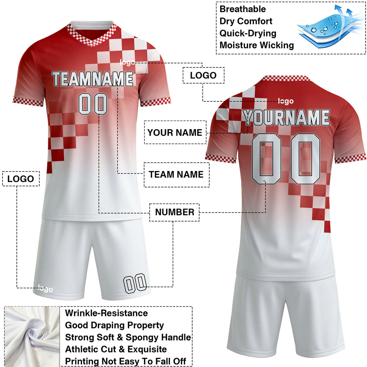 Custom Red & White Checkerboard Gradient Soccer Jersey Set | Personalized Team Uniform | Vosoli