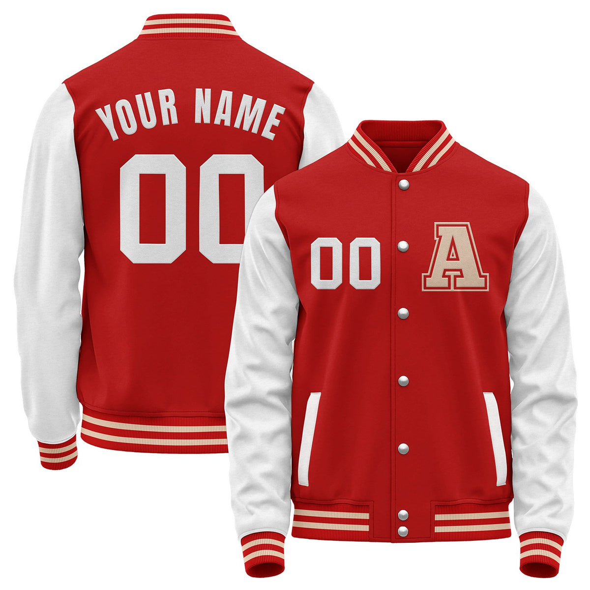 Custom red and white college baseball jackets by Vosoli with stitched name, number and logo. Classic varsity jacket for baseball and casual wear.