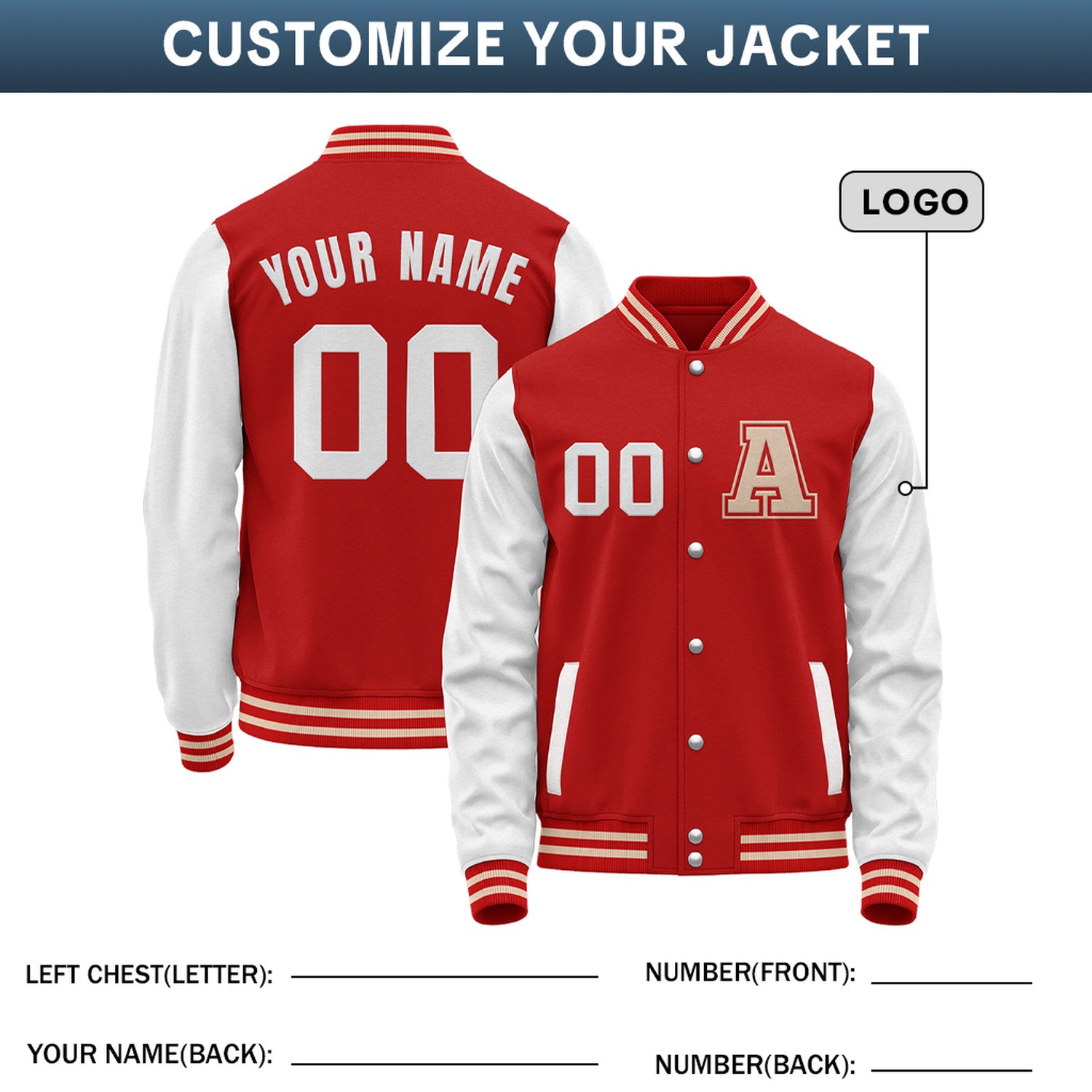 Custom Varsity Jacket with Stitched Name & Number | Red & White Personalized Team Letterman Bomber
