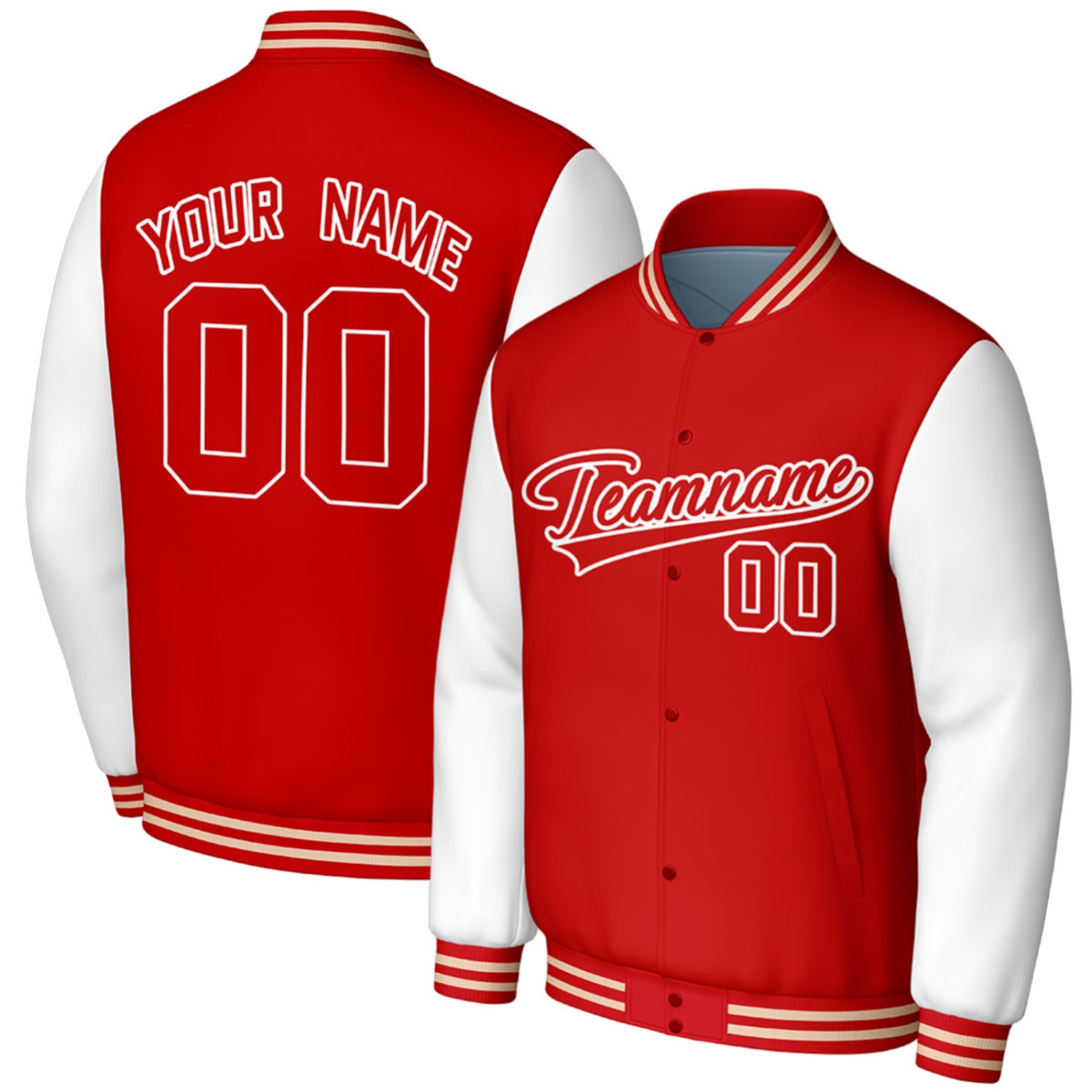 custom red white senior baseball jackets by Vosoli, personalized stitched name, number &amp; logo, classic button up varsity letterman jacket for high school senior baseball team and casual wear