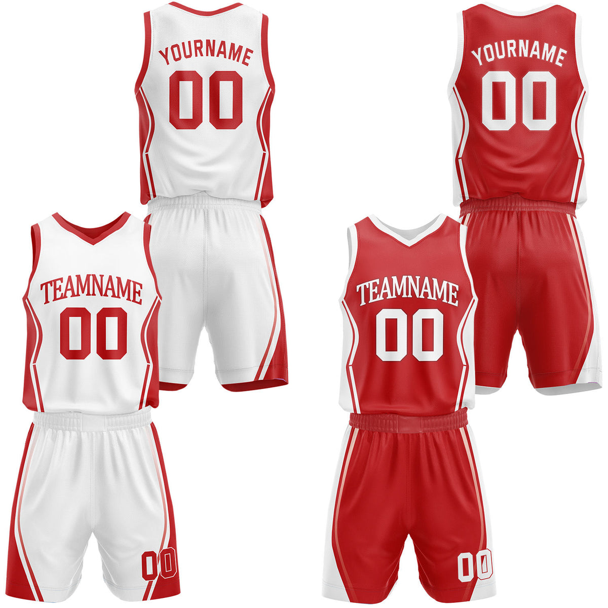 Custom red &amp; white reversible basketball jersey shorts set by Vosoli | Personalized block team name number geometric uniform sportswear