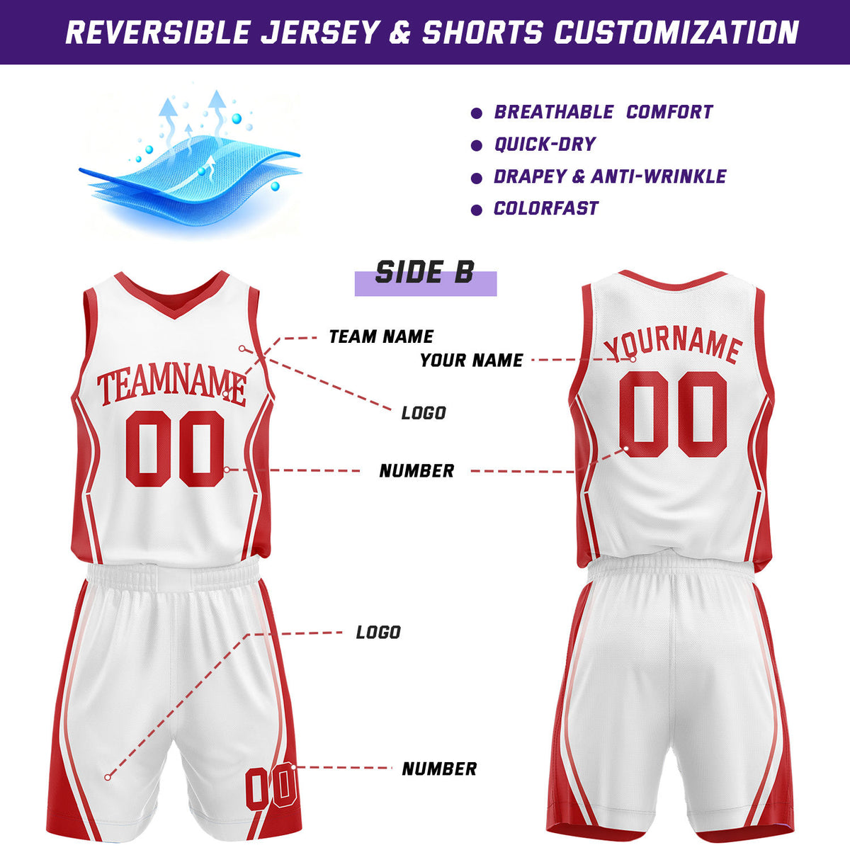 Custom Red & White Reversible Geometric Basketball Jersey Shorts Set | Personalized Team Uniform