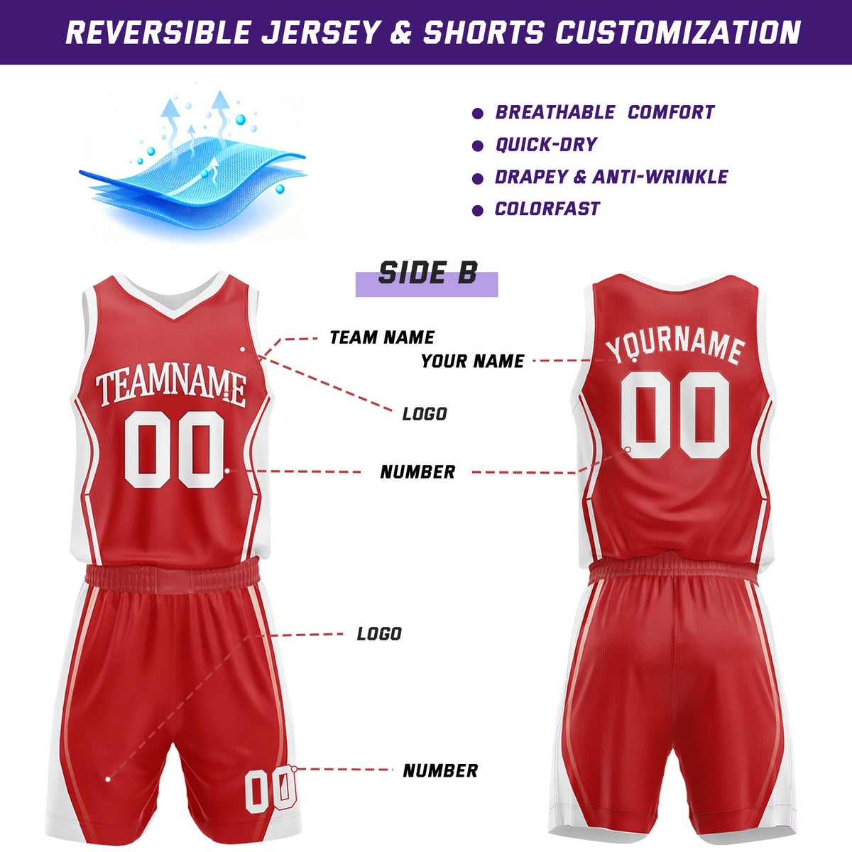 Custom Red & White Reversible Geometric Basketball Jersey Shorts Set | Personalized Team Uniform