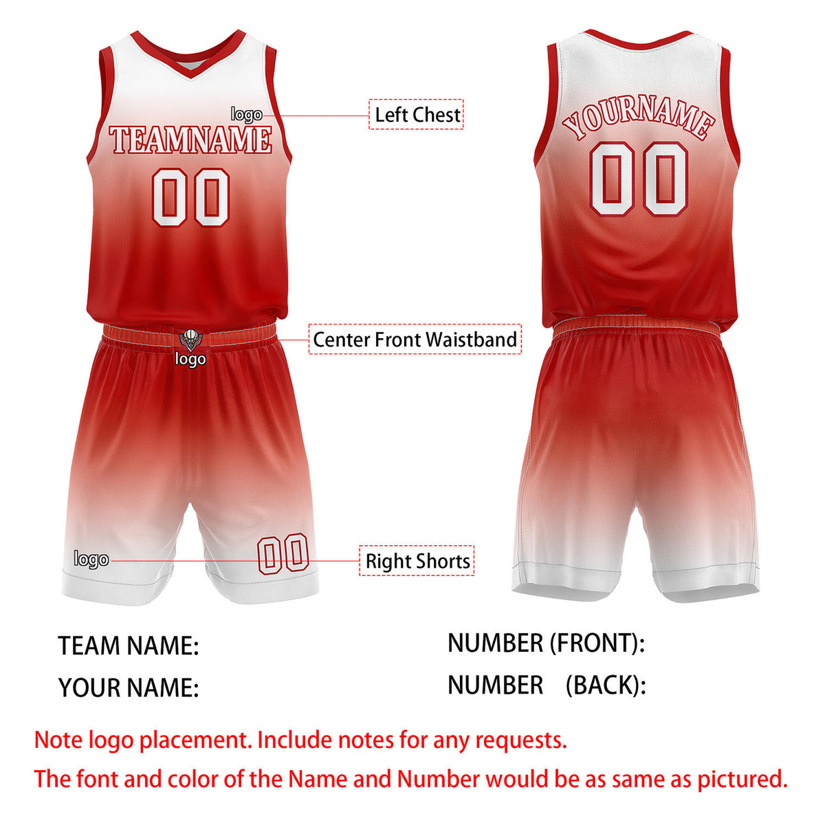 Custom Red & White Gradient Basketball Jersey + Shorts Set - Personalized Team Name, Number | Vosoli