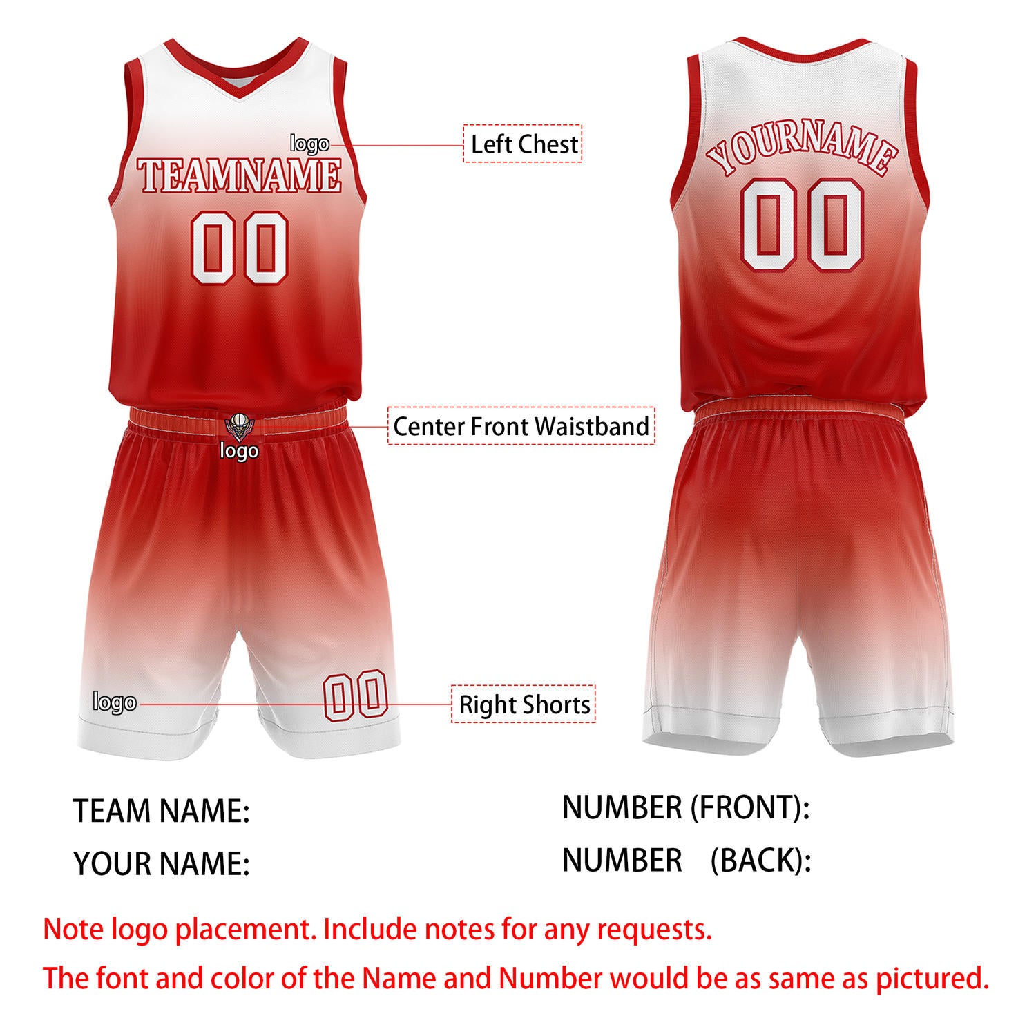 Custom Red & White Gradient Basketball Jersey + Shorts Set - Personalized Team Name, Number | Vosoli