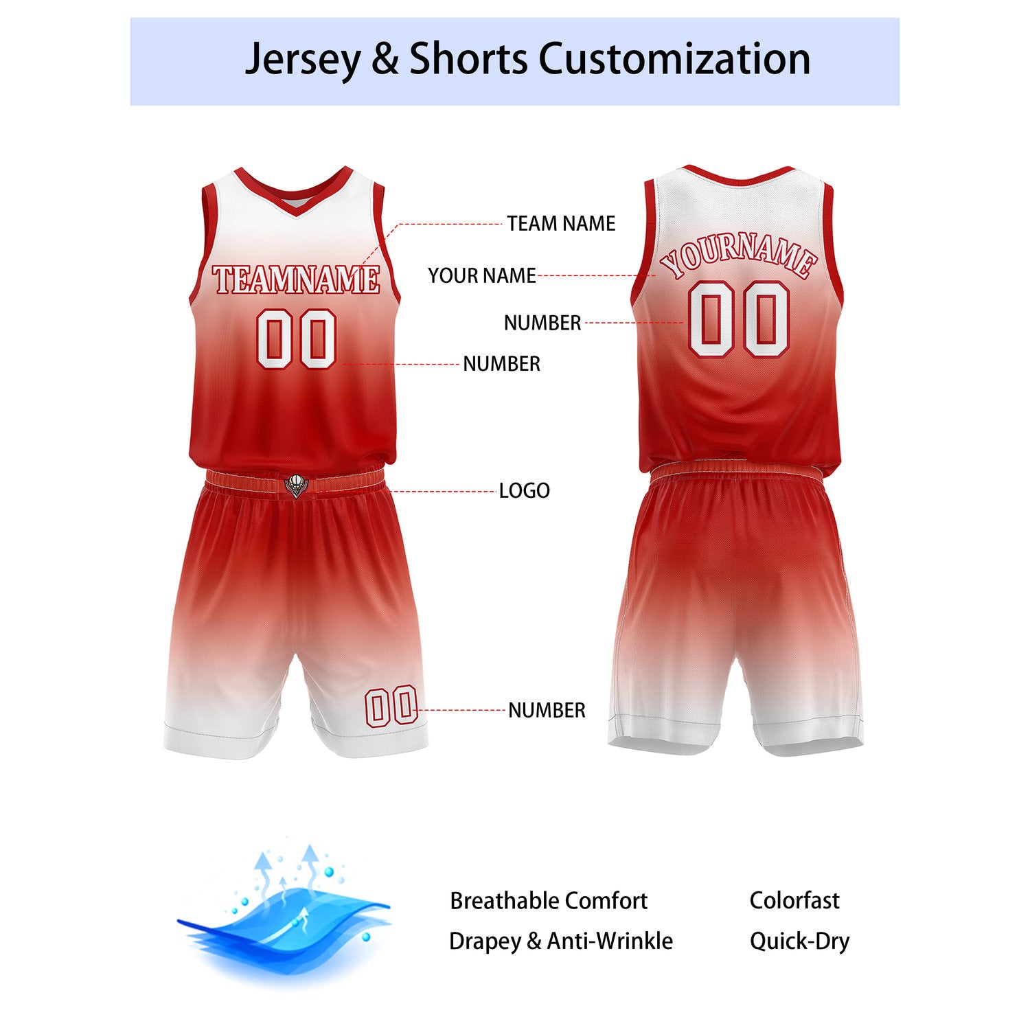 Custom Red & White Gradient Basketball Jersey + Shorts Set - Personalized Team Name, Number | Vosoli