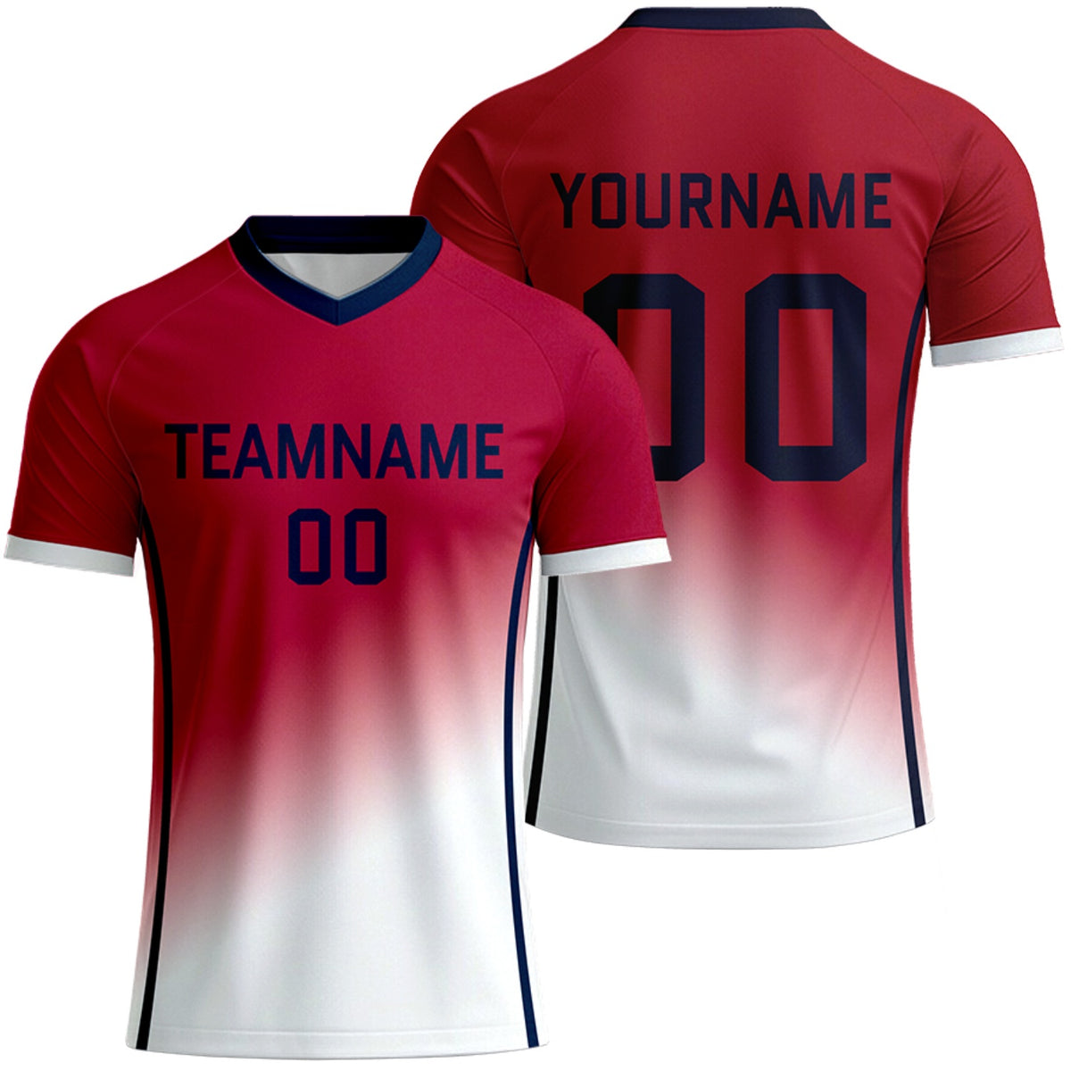 custom red white gradient soccer jersey online by Vosoli, personalized team name, player name &amp; number, breathable short sleeve V-neck soccer uniform for team matches