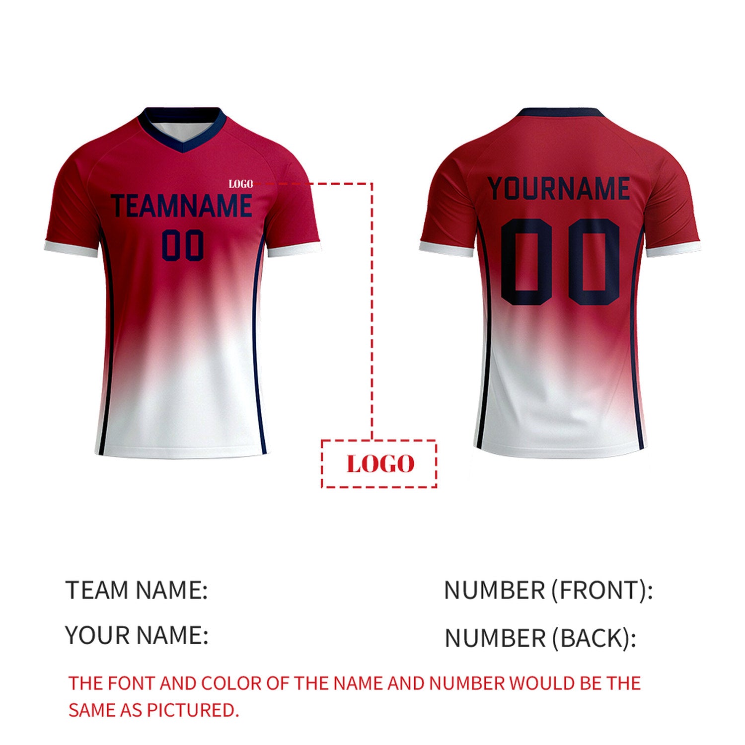 Custom Red & White Gradient Soccer Jersey | Personalized Short Sleeve V-Neck Uniform for Youth & Adult