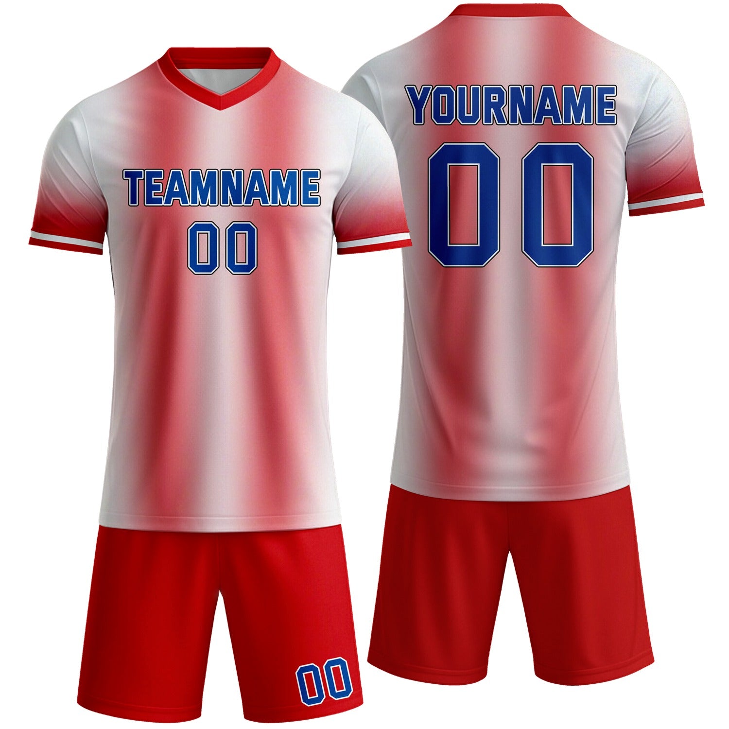 Custom red white gradient soccer jersey set, personalized name number team logo, short-sleeve jersey with matching shorts sports uniform for men women youth adult game practice - Vosoli