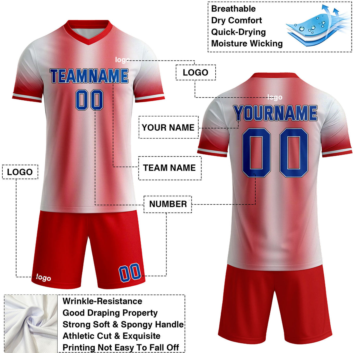 Custom Red White Gradient Soccer Jersey Set | Personalized Team Uniform | Vosoli