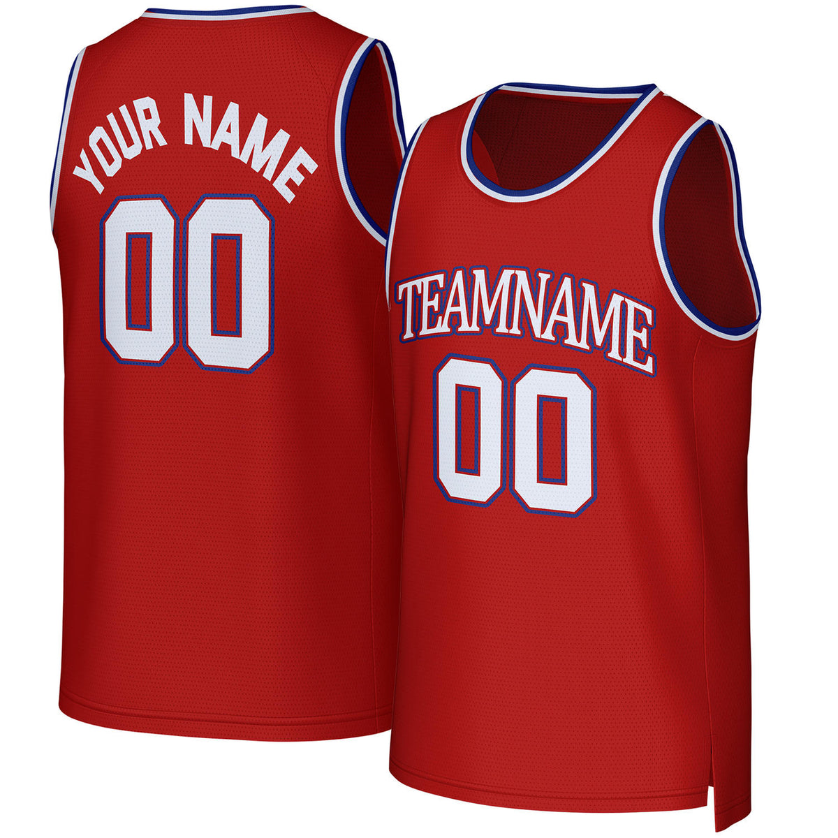 Custom red & white basketball jersey by Vosoli. Personalized with team name, player name, number, and logo. Breathable mesh jersey for high school, college, AAU teams.