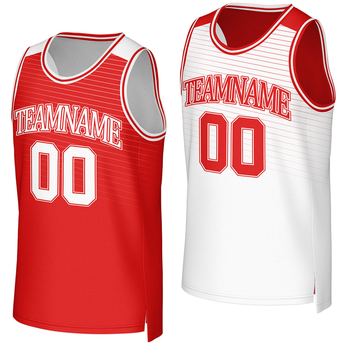 Custom red & white reversible basketball jersey by Vosoli. Personalized with team name, player name, number, and logo on both sides. Breathable mesh 2-in-1 jersey for high school, college, AAU teams.