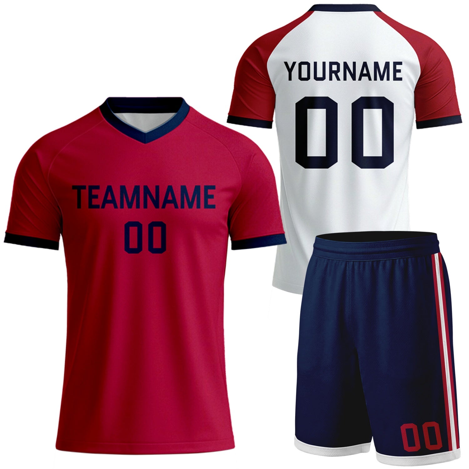 custom red white raglan adult soccer team uniforms by Vosoli, personalized team name, player name & number, breathable short sleeve V-neck soccer jersey with shorts for adult soccer team games