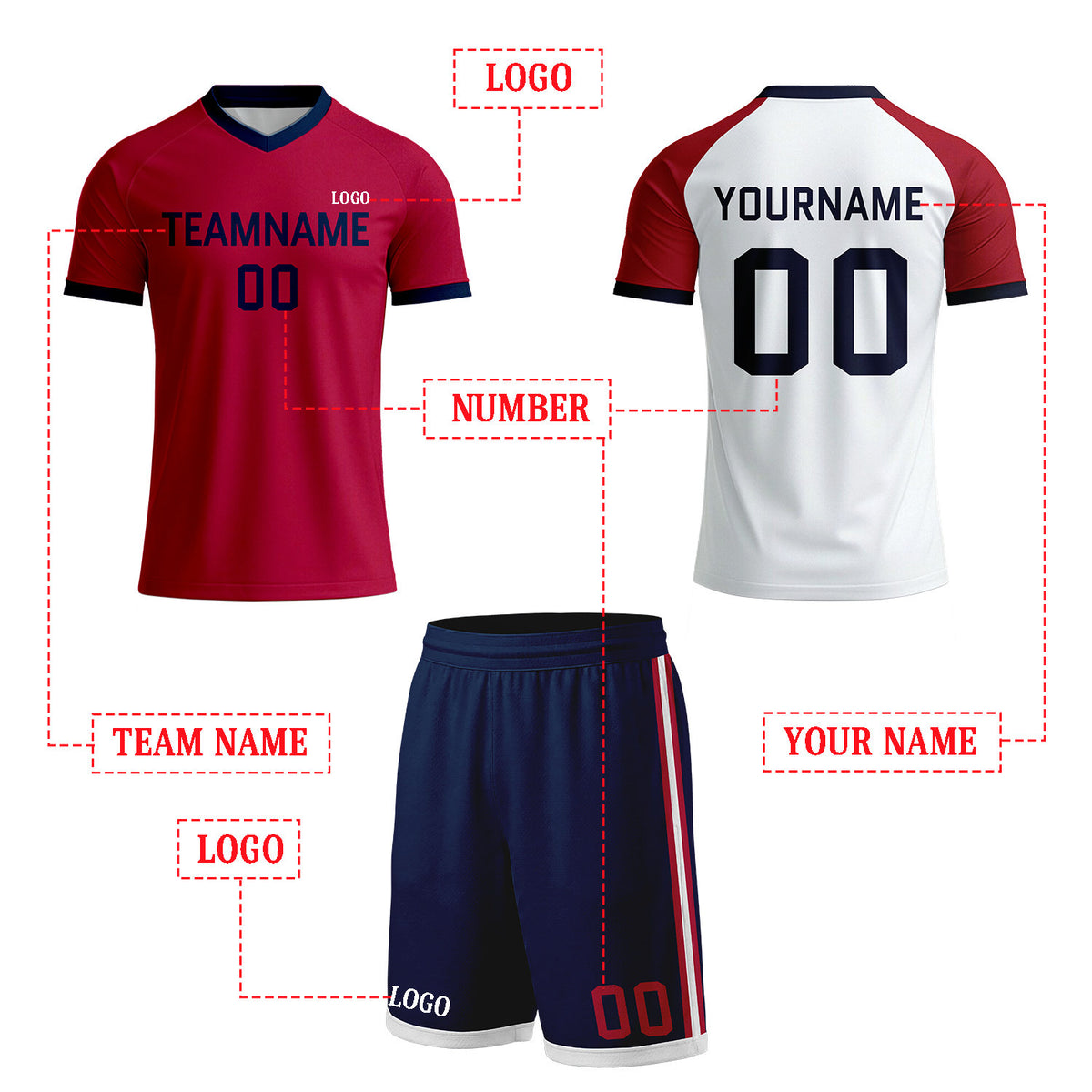 Custom Red & White Raglan Soccer Uniform Set | Personalized Jersey & Shorts for Adult Soccer Teams