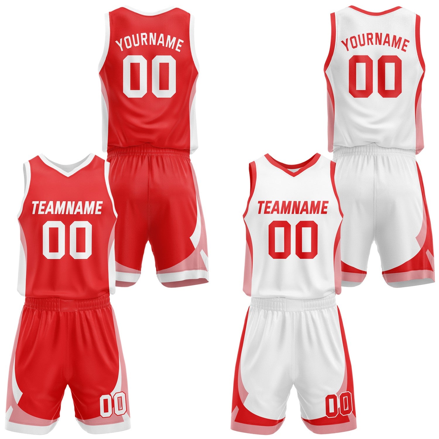 Custom red & white reversible basketball jersey set with shorts by Vosoli | Personalized team name, number & logo | Breathable mesh sport jersey uniform