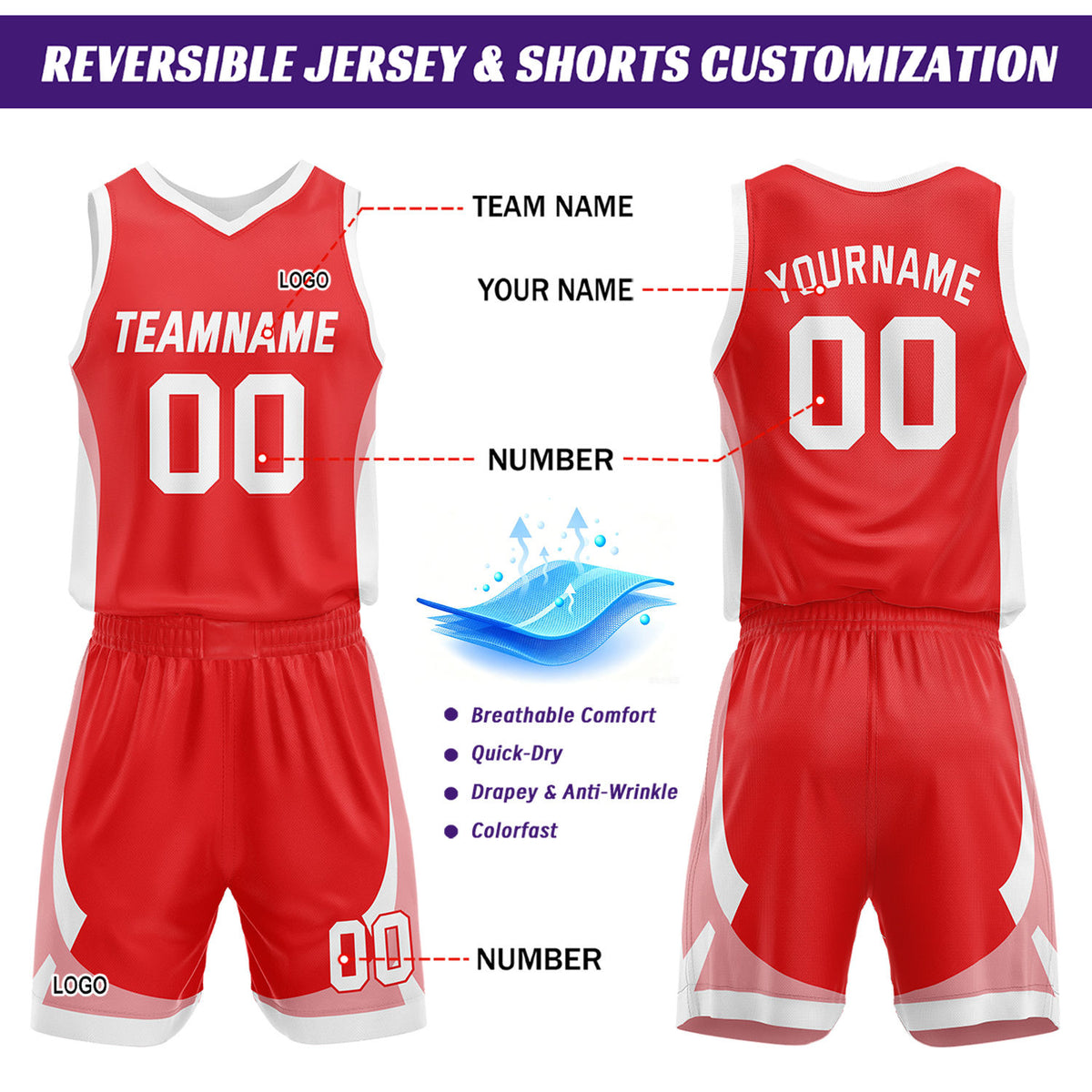 Custom Red White Reversible Basketball Jersey Set | Personalized Name Number Mesh Sports Uniform
