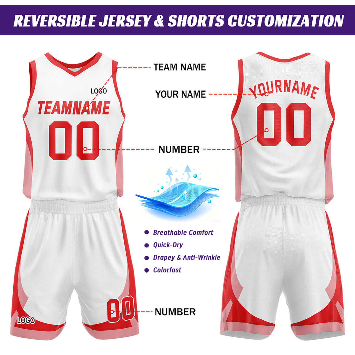 Custom Red White Reversible Basketball Jersey Set | Personalized Name Number Mesh Sports Uniform