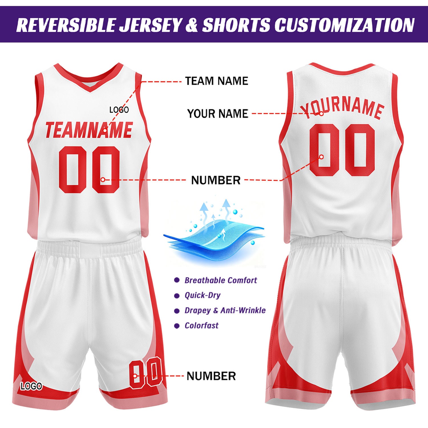 Custom Red White Reversible Basketball Jersey Set | Personalized Name Number Mesh Sports Uniform