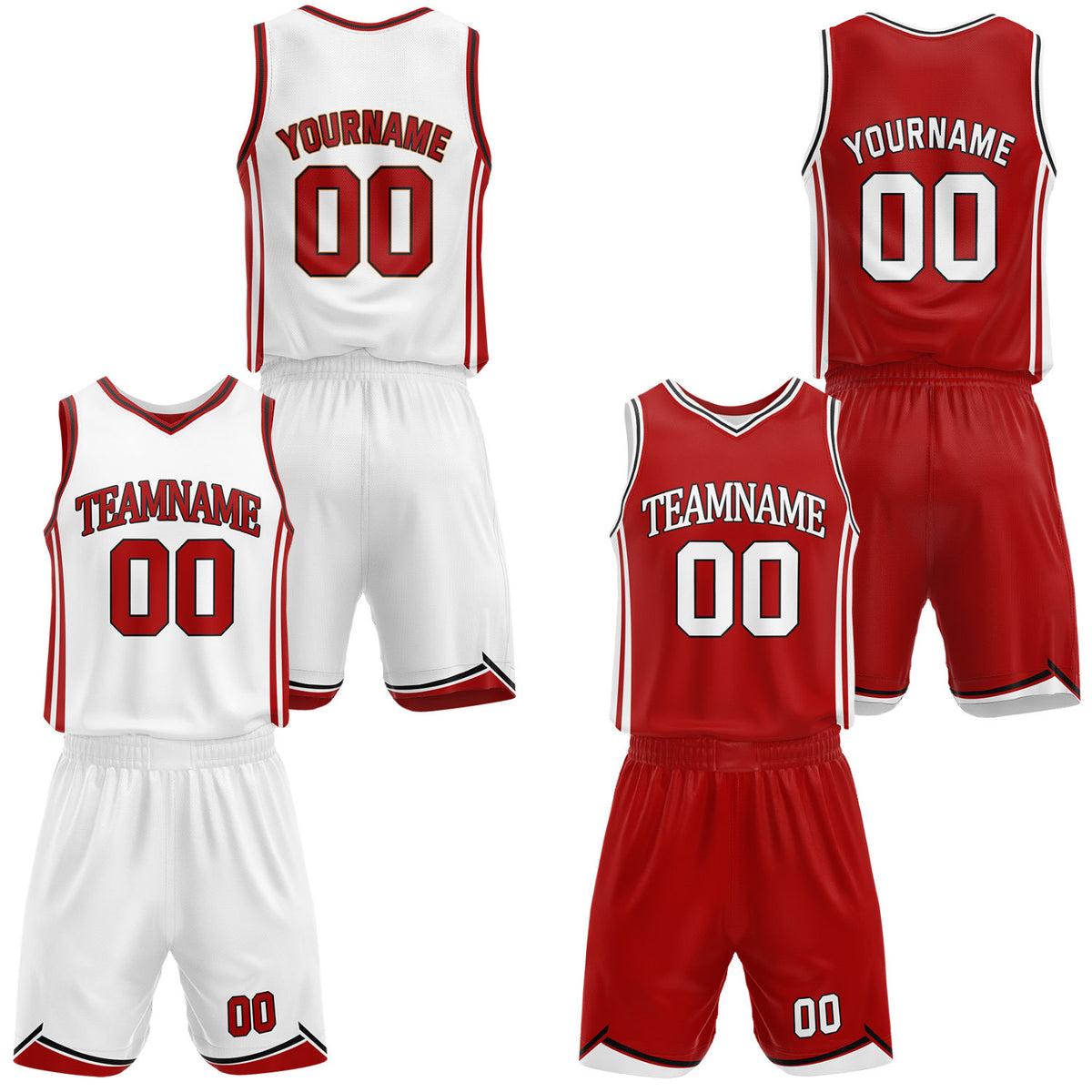 Custom red &amp; white reversible basketball jersey shorts set by Vosoli | Personalized team name number casual vintage uniform sportswear
