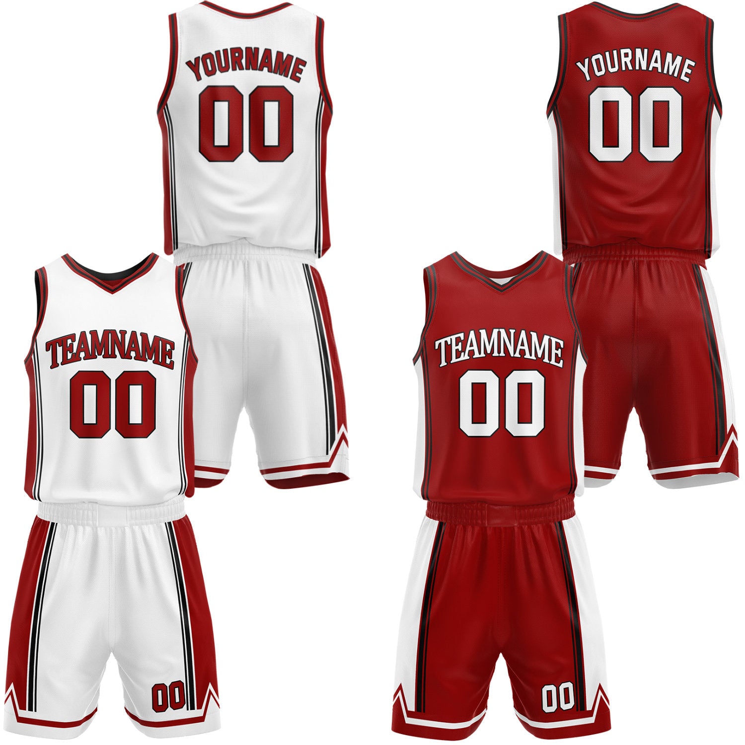 Custom red & white reversible basketball jersey shorts set by Vosoli | Personalized team name number casual vintage uniform sportswear